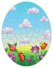 Wall Mural - Illustration in stained glass style with bright flowers on the background of fields and cloudy sky, oval image