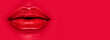 Beautiful young woman's lips closeup, on red background. Plastic surgery, fillers, injection. Part of the model girl face, youth concept. Perfect mouth, make-up. Health care. Art design. 