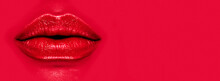 Beautiful Young Woman's Lips Closeup, On Red Background. Plastic Surgery, Fillers, Injection. Part Of The Model Girl Face, Youth Concept. Perfect Mouth, Make-up. Health Care. Art Design. 