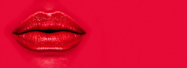 Poster - beautiful young woman's lips closeup, on red background. plastic surgery, fillers, injection. part o