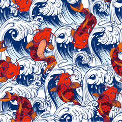 Seamless pattern with fish koi. Japanese vintage print