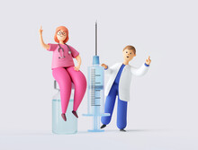 3d Render Of Cartoon Characters, Two Doctors Man And Woman Give Advice On Vaccination. Medical Clip Art Isolated On White Background.