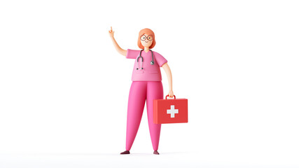 3d render, cartoon character woman doctor wears pink uniform, holds red case first aid kit. Medical clip art isolated on white background.