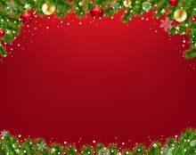 Xmas Border With Fir Tree Red Background With Gradient Mesh, Vector Illustration