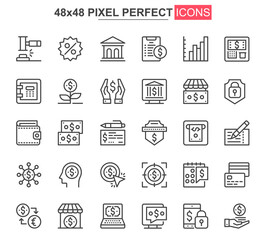 Leinwandbilder - Online banking thin line icon set. Credit card payment outline pictograms for website and mobile app GUI. Financial services simple UI, UX vector icons. 48x48 pixel perfect pictogram pack.