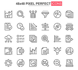 Fototapete - Big data analysis thin line icon set. Data processing outline pictograms for website and mobile app GUI. Digital analytics simple UI, UX vector icons. 48x48 pixel perfect pictogram pack.