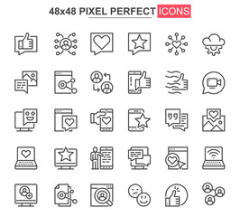 Poster - Social network thin line icon set. Online people communication outline pictograms for web and mobile app GUI. Messaging service simple UI, UX vector icons. 48x48 pixel perfect pictogram pack.