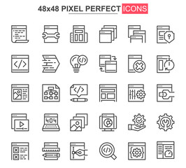 Wall Mural - Web development thin line icon set. Application programming outline pictograms for web and mobile app GUI. Software development simple UI, UX vector icons. 48x48 pixel perfect pictogram pack.