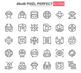Fototapete - Virtual reality thin line icon set. 3d simulation and computer vision outline pictograms for web and mobile app GUI. VR technology simple UI, UX vector icons. 48x48 pixel perfect pictogram pack.