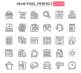 Poster - Shopping thin line icon set. Discount offer and retail sale outline pictograms for web and mobile app GUI. Supermarket shopping simple UI, UX vector icons. 48x48 pixel perfect pictogram pack.