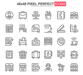 Poster - Workspace thin line icons set. Corporate workplace, coworking space unique design icons. Business workflow, corporate management outline vector bundle. 48x48 pixel perfect linear pictogram pack.