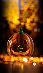 Wall Mural - Neon glowing pumpkin head on abstract blurred bokeh background. Festive Halloween background with cobwebs and pumpkin.