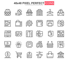 Poster - Shopping mall thin line icons set. Customer support, order and delivery service unique design icons. Online shopping platform outline vector bundle. 48x48 pixel perfect linear pictogram pack.
