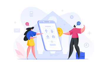Poster - People pay for utilities through an online application in smartphone flat concept