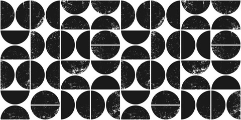 Monochrome geometric seamless pattern in Scandinavian style. Modern abstract grunge background with semicircles.