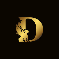 Griffin silhouette inside gold letter D. Heraldic symbol beast ancient mythology or fantasy. Creative design elements for logotype, emblem, monogram, icon or symbol for company, corporate, brand name.