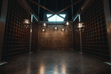 Fototapete - 3d rendering of abstract industrial hall with rusty mesh and hanging cage lights