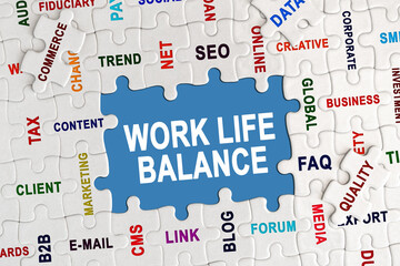 Puzzle with economic captions, in the center the inscription - WORK LIFE BALANCE