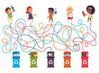 Recycling maze for kids with a solution.Labyrinth game to find way of waste to proper container.Eco and environment friendly eduction.Connect recycle can and garbage puzzle.Vector flat illustration.