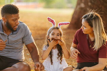 Wall Mural - Latin family celebrating Easter. Curly girl wearing bunny ears and eating delicious chocolate egg