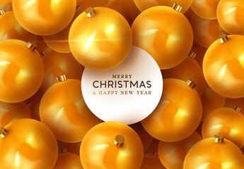 Canvas Print - Background with Christmas balls. Realistic Xmas decorative gold round baubles. Greeting card, banner, poster, flyer, elegant brochure. Merry Christmas and happy new year. vector illustration