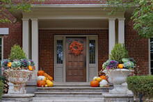 Front Door With Autumn And Halloween Decorations