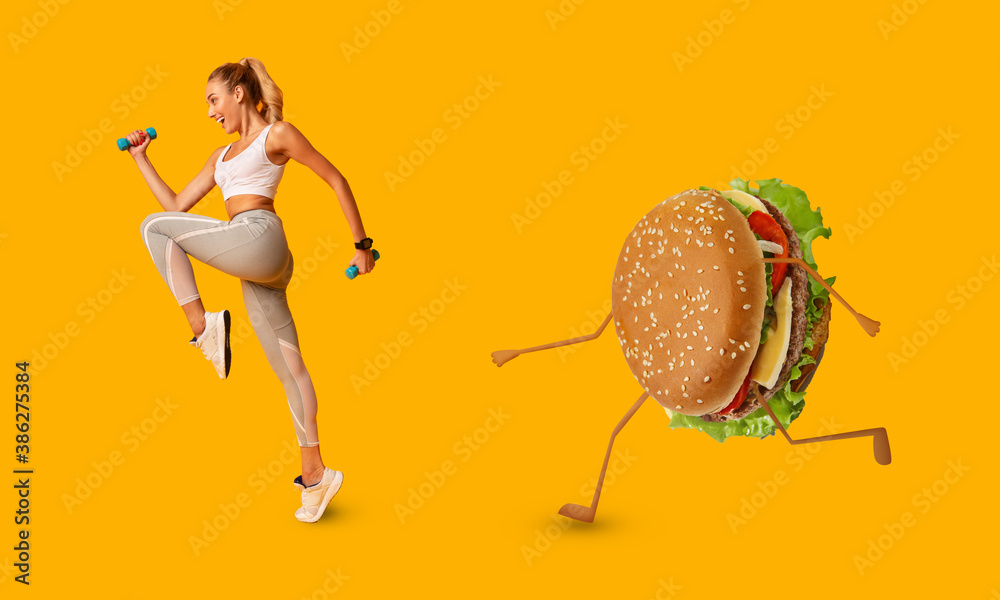 Woman Running Away From Burger Exercising Losing Weight, Yellow Background - obrazy, fototapety, plakaty 