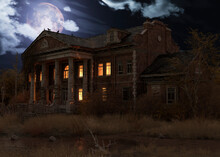Abandoned Haunted House Refuge Of Spirits Moonlit Night 3d Illustration
