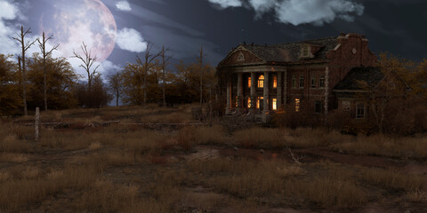 Abandoned haunted house refuge of spirits moonlit night 3d illustration