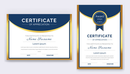 Wall Mural - Modern and professional certificate of appreciation award template with blue shapes and badge.
