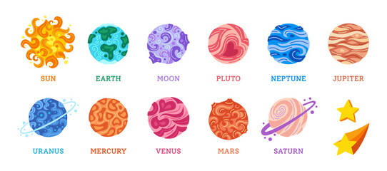 Wall Mural - Solar system planet cartoon set. Colorful astronomical observatory. Sun moon mercury venus earth mars jupiter saturn uranus neptun planets. Astronomy galaxy space. Vector flat design illustration