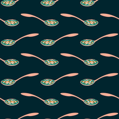 Poster - Spoon with food,seamless pattern on dark green background.