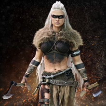 Fierce Viking Warrior Female Walking Through The Battlefield Wielding Duel Bearded Axe's Wearing Tribal Paint Markings And Tattoo's . 3d Rendering
