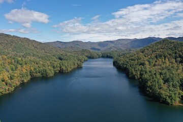 Wall Mural - Aerial view of Lake Santeetlah, North Carolina and surrounding national forests in autumn color.