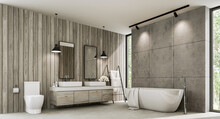 Loft Style Bathroom With Wood Plank And Concrete Wall 3d Render,There Polished Concrete Floor ,old Wood Cabinet With White Terrazzo Counter Top,with Tall Window Overlooking Nature View