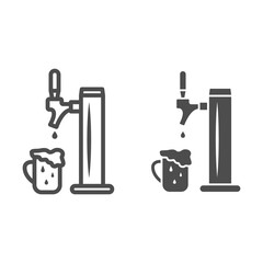 Poster - Beer tap with full mug with foam line and solid icon, Oktoberfest concept, pub equipment sign on white background, beer pump for bar icon in outline style for mobile and web design. Vector graphics.