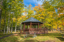 Wooden Gazebo In Presque Isle State Park Near Marquette In Michigan Upper Peninsula During Autumn Time.