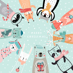 Poster - Christmas card with animals, hand drawn style. Woodland characters, bear, fox, raccoon, rabbit, penguin, panda,deer and others.