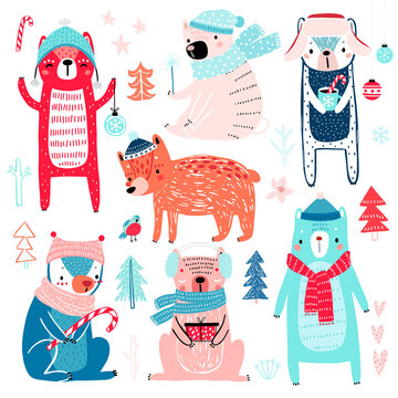 Fototapete - Cute Bears in winter clothes. Childish characters - Christmas theme.
