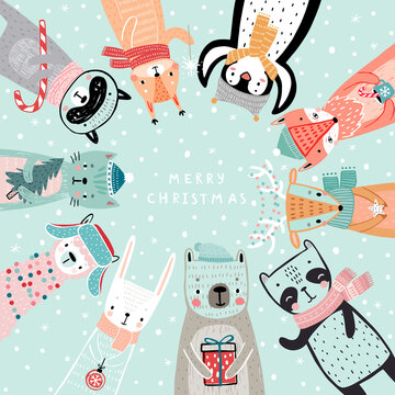 Fototapete - Christmas card with animals, hand drawn style. Woodland characters, bear, fox, raccoon, rabbit, penguin, panda,deer and others.