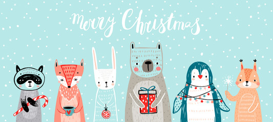Poster - Christmas card with animals, hand drawn style. Woodland characters, bear, fox, raccoon, rabbit, penguin and squirrel.