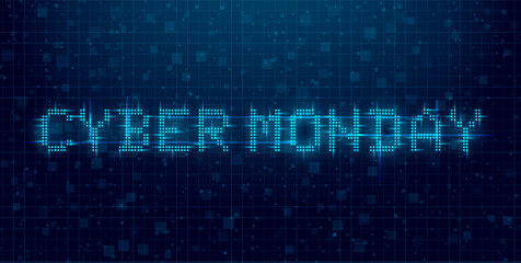 Wall Mural - Cyber Monday futuristic cyberpunk glitch banner. Blue glowing digital cyber Monday inscription. 8 bit title. Design for a promo event. Vector