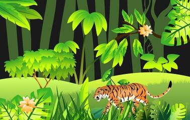 Wall Mural - Jungle scene, tiger walks, green folliage frame, night junle, vector template