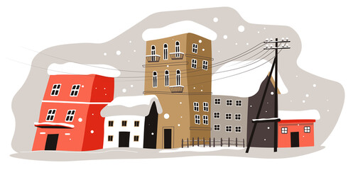 Wall Mural - Winter cityscape of city with buildings covered with snow