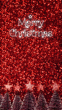 Merry Christmas and happy new year text over xmas tree on red glitter sparkling lights festive bokeh background.holiday greeting card
