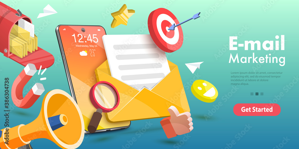 3D Vector Conceptual Illustration of Mobile Email Marketing and Advertising Campaign, Newsletter and Subscription, Digital Promotion, Sending a AD Message. - obrazy, fototapety, plakaty 