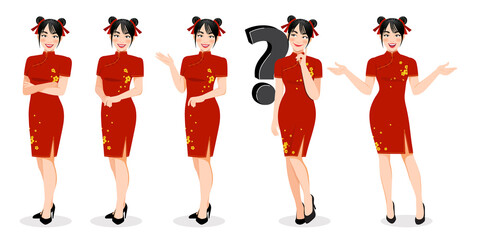 chinese girl in mandarin gown with chinese new year festival cartoon character on the white backgrou