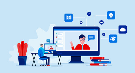 Aufkleber - Illustrations flat design online education and learning with video conference and  online meeting working from home concept