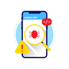 Release beta version. find Bug for Report button on mobile phone device app concept illustration flat design vector. simple, clean and modern style