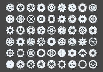 Wall Mural - Cogwheels large set. Metal snowflakes industrial components for mechanisms round gear with numerous teeth and spacers hole tracery and graphic engineering powerful transmissions. Vector circle.